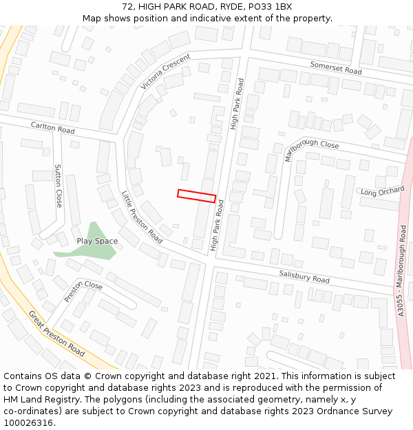 72, HIGH PARK ROAD, RYDE, PO33 1BX: Location map and indicative extent of plot