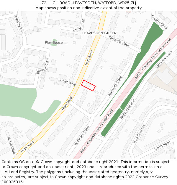 72, HIGH ROAD, LEAVESDEN, WATFORD, WD25 7LJ: Location map and indicative extent of plot