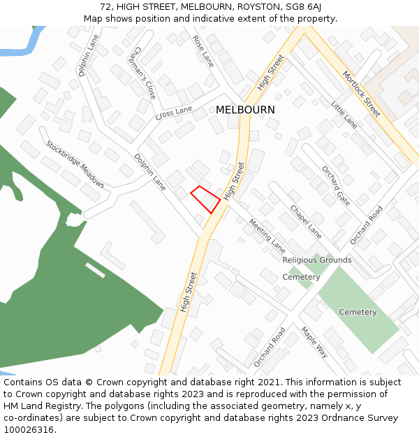 72, HIGH STREET, MELBOURN, ROYSTON, SG8 6AJ: Location map and indicative extent of plot