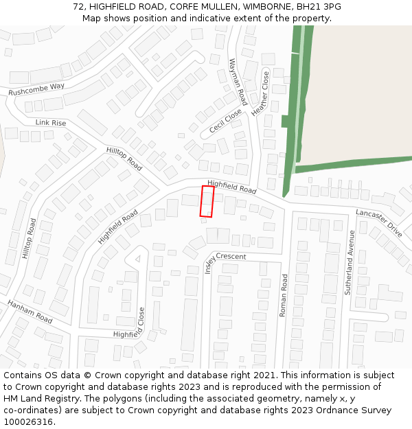 72, HIGHFIELD ROAD, CORFE MULLEN, WIMBORNE, BH21 3PG: Location map and indicative extent of plot