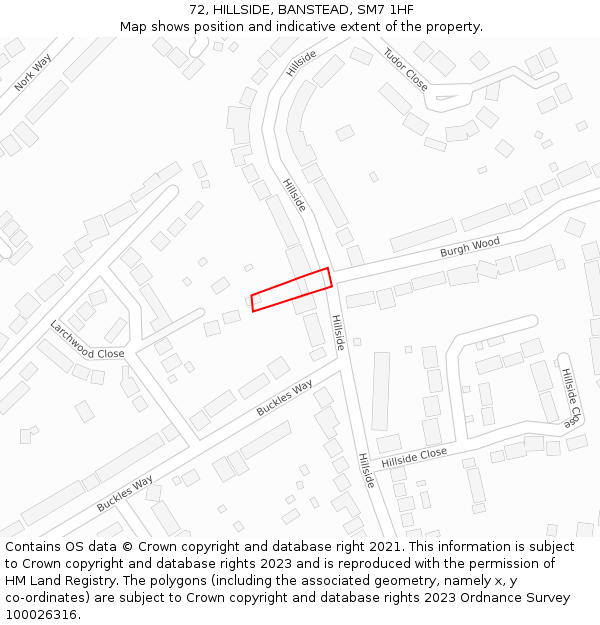 72, HILLSIDE, BANSTEAD, SM7 1HF: Location map and indicative extent of plot