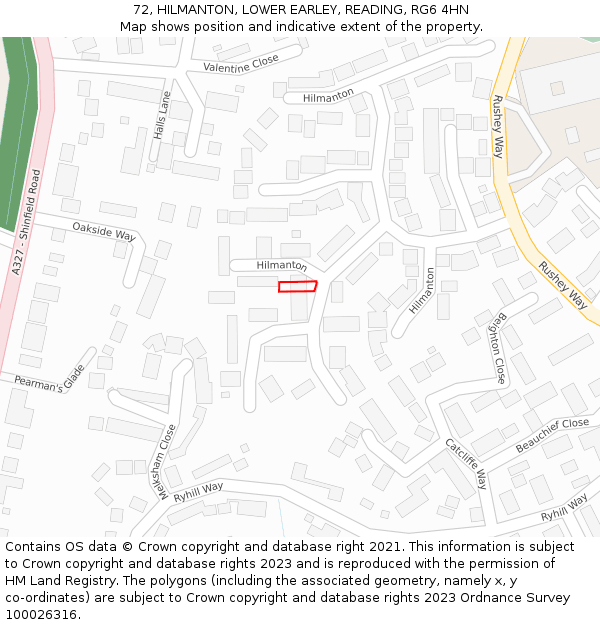 72, HILMANTON, LOWER EARLEY, READING, RG6 4HN: Location map and indicative extent of plot
