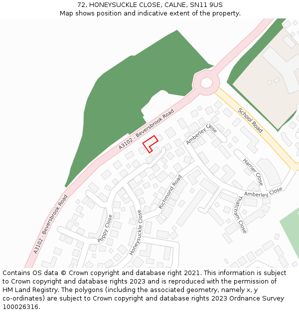 72, HONEYSUCKLE CLOSE, CALNE, SN11 9US: Location map and indicative extent of plot