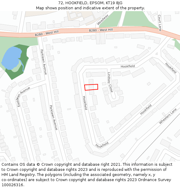 72, HOOKFIELD, EPSOM, KT19 8JG: Location map and indicative extent of plot