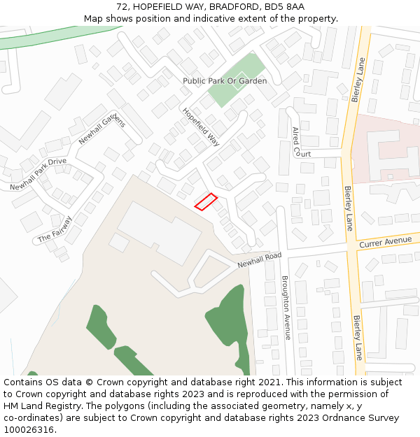 72, HOPEFIELD WAY, BRADFORD, BD5 8AA: Location map and indicative extent of plot
