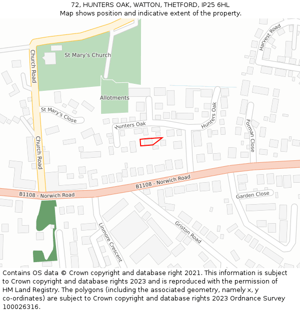 72, HUNTERS OAK, WATTON, THETFORD, IP25 6HL: Location map and indicative extent of plot