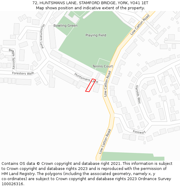 72, HUNTSMANS LANE, STAMFORD BRIDGE, YORK, YO41 1ET: Location map and indicative extent of plot