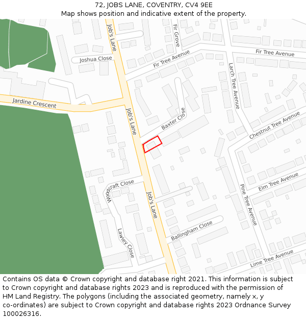 72, JOBS LANE, COVENTRY, CV4 9EE: Location map and indicative extent of plot