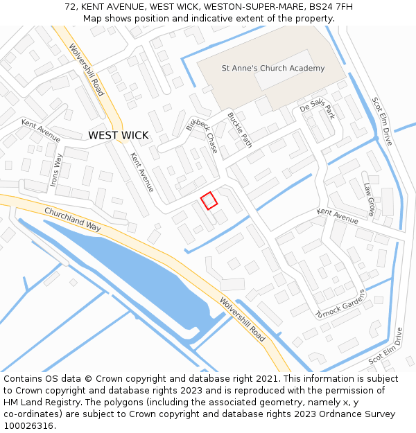 72, KENT AVENUE, WEST WICK, WESTON-SUPER-MARE, BS24 7FH: Location map and indicative extent of plot