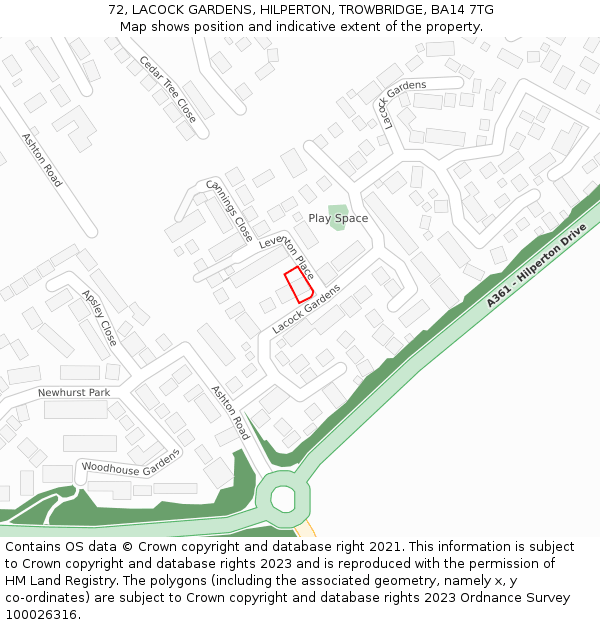 72, LACOCK GARDENS, HILPERTON, TROWBRIDGE, BA14 7TG: Location map and indicative extent of plot