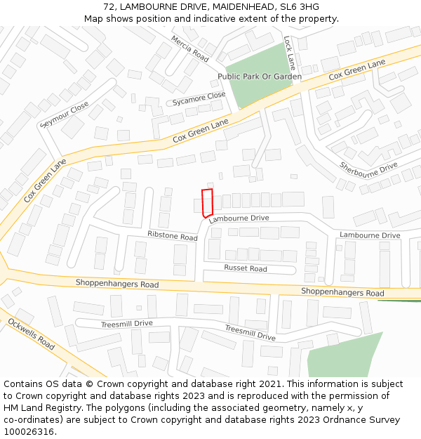 72, LAMBOURNE DRIVE, MAIDENHEAD, SL6 3HG: Location map and indicative extent of plot