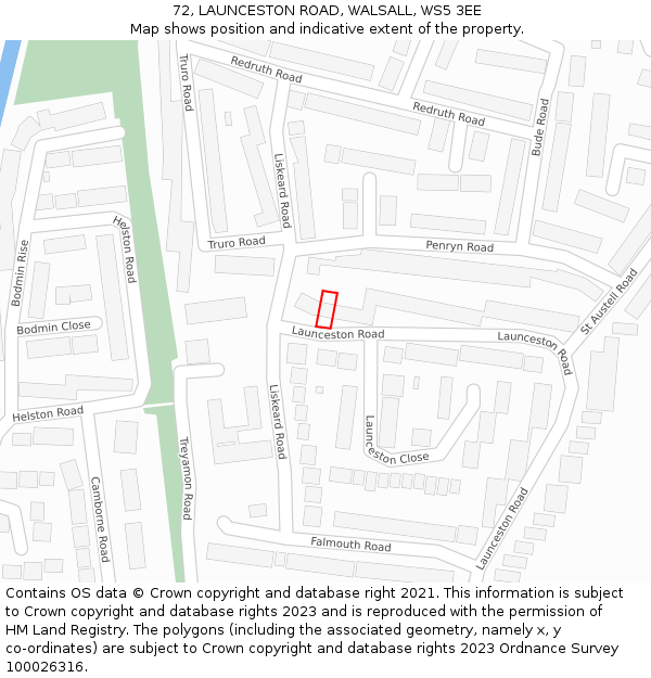 72, LAUNCESTON ROAD, WALSALL, WS5 3EE: Location map and indicative extent of plot