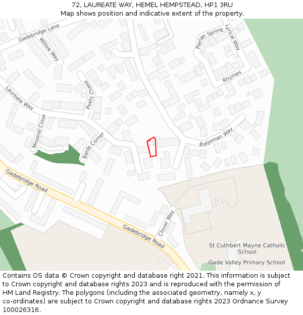 72, LAUREATE WAY, HEMEL HEMPSTEAD, HP1 3RU: Location map and indicative extent of plot