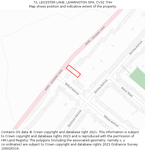 72, LEICESTER LANE, LEAMINGTON SPA, CV32 7HH: Location map and indicative extent of plot