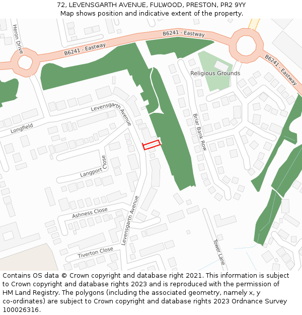 72, LEVENSGARTH AVENUE, FULWOOD, PRESTON, PR2 9YY: Location map and indicative extent of plot