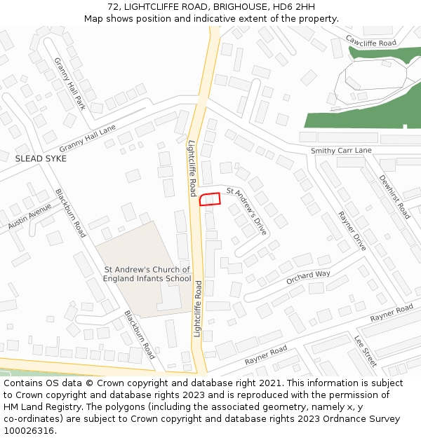 72, LIGHTCLIFFE ROAD, BRIGHOUSE, HD6 2HH: Location map and indicative extent of plot