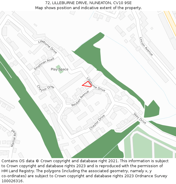 72, LILLEBURNE DRIVE, NUNEATON, CV10 9SE: Location map and indicative extent of plot