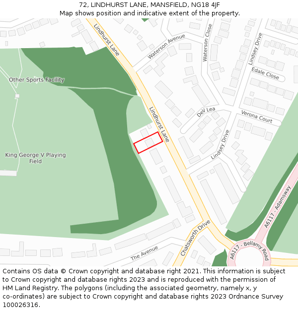 72, LINDHURST LANE, MANSFIELD, NG18 4JF: Location map and indicative extent of plot