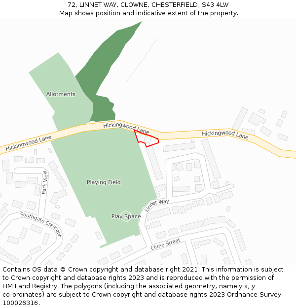 72, LINNET WAY, CLOWNE, CHESTERFIELD, S43 4LW: Location map and indicative extent of plot