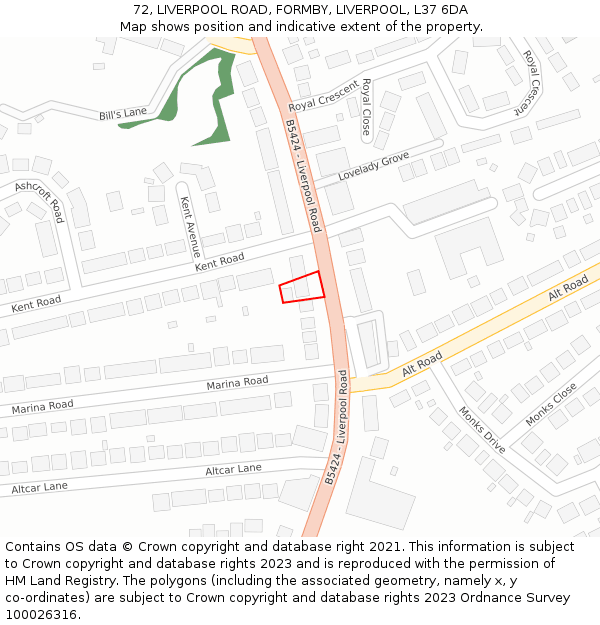 72, LIVERPOOL ROAD, FORMBY, LIVERPOOL, L37 6DA: Location map and indicative extent of plot