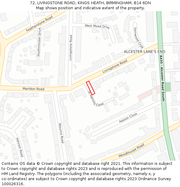 72, LIVINGSTONE ROAD, KINGS HEATH, BIRMINGHAM, B14 6DN: Location map and indicative extent of plot