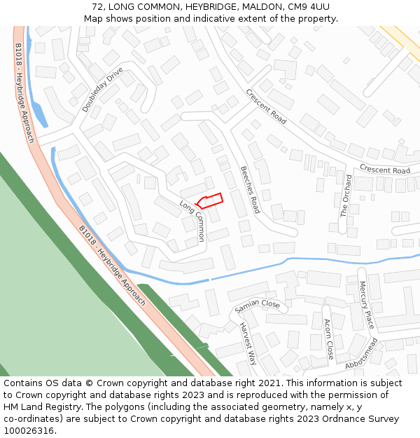 72, LONG COMMON, HEYBRIDGE, MALDON, CM9 4UU: Location map and indicative extent of plot