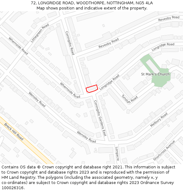 72, LONGRIDGE ROAD, WOODTHORPE, NOTTINGHAM, NG5 4LA: Location map and indicative extent of plot