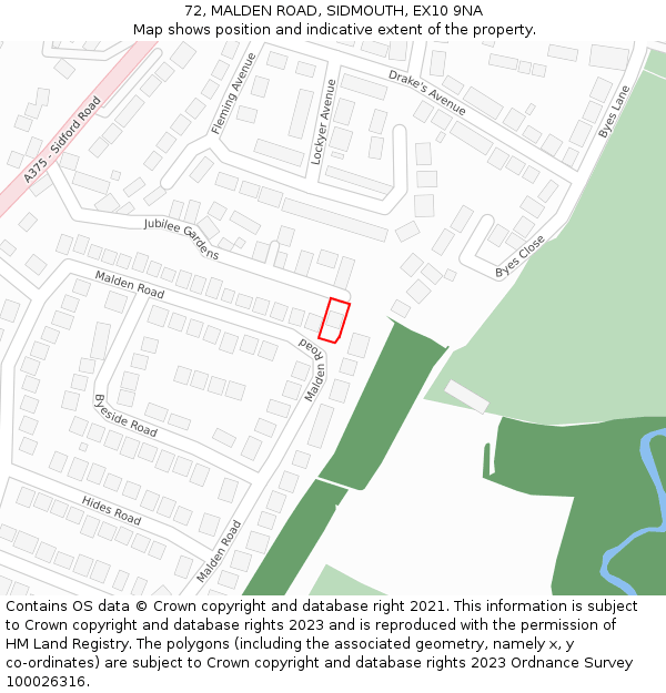 72, MALDEN ROAD, SIDMOUTH, EX10 9NA: Location map and indicative extent of plot