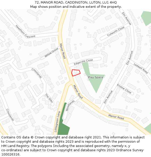 72, MANOR ROAD, CADDINGTON, LUTON, LU1 4HQ: Location map and indicative extent of plot