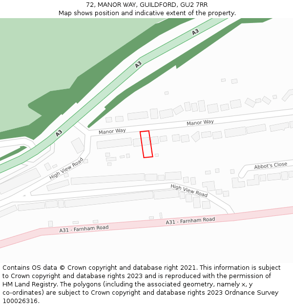 72, MANOR WAY, GUILDFORD, GU2 7RR: Location map and indicative extent of plot