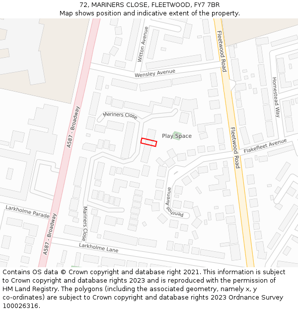 72, MARINERS CLOSE, FLEETWOOD, FY7 7BR: Location map and indicative extent of plot