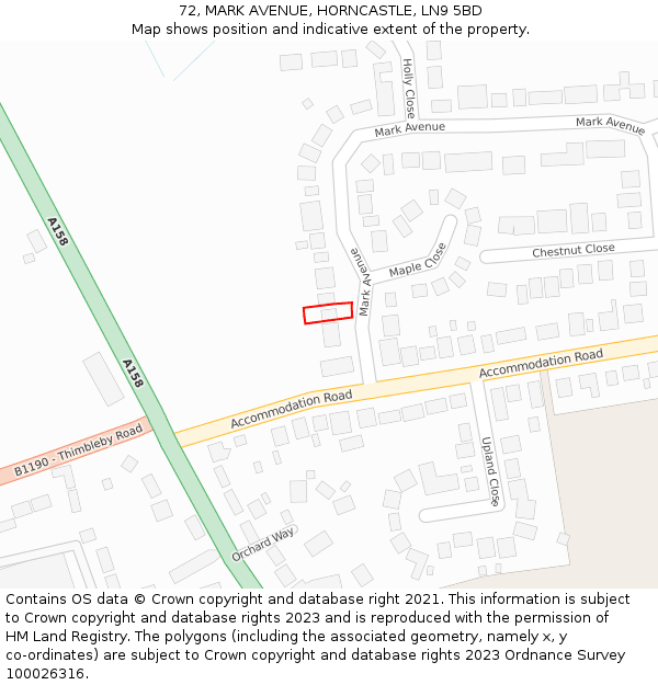 72, MARK AVENUE, HORNCASTLE, LN9 5BD: Location map and indicative extent of plot