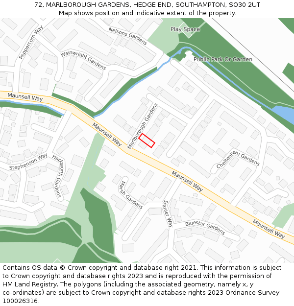 72, MARLBOROUGH GARDENS, HEDGE END, SOUTHAMPTON, SO30 2UT: Location map and indicative extent of plot