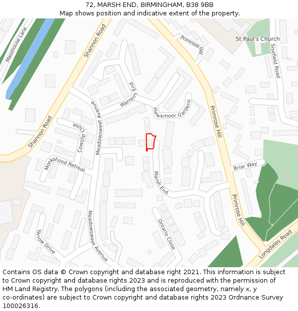 72, MARSH END, BIRMINGHAM, B38 9BB: Location map and indicative extent of plot