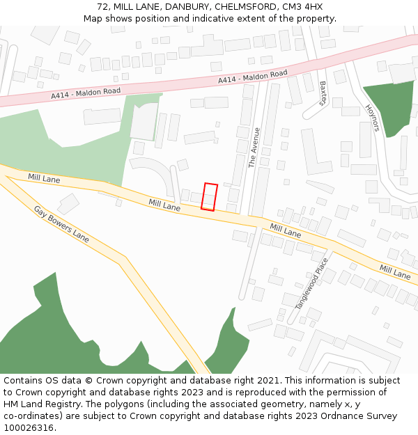 72, MILL LANE, DANBURY, CHELMSFORD, CM3 4HX: Location map and indicative extent of plot