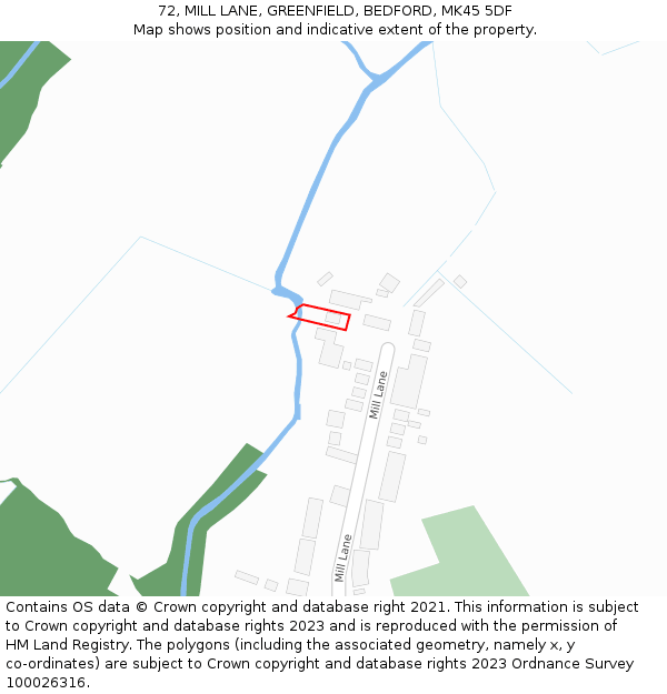 72, MILL LANE, GREENFIELD, BEDFORD, MK45 5DF: Location map and indicative extent of plot