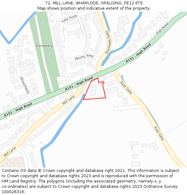 72, MILL LANE, WHAPLODE, SPALDING, PE12 6TS: Location map and indicative extent of plot