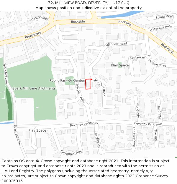 72, MILL VIEW ROAD, BEVERLEY, HU17 0UQ: Location map and indicative extent of plot