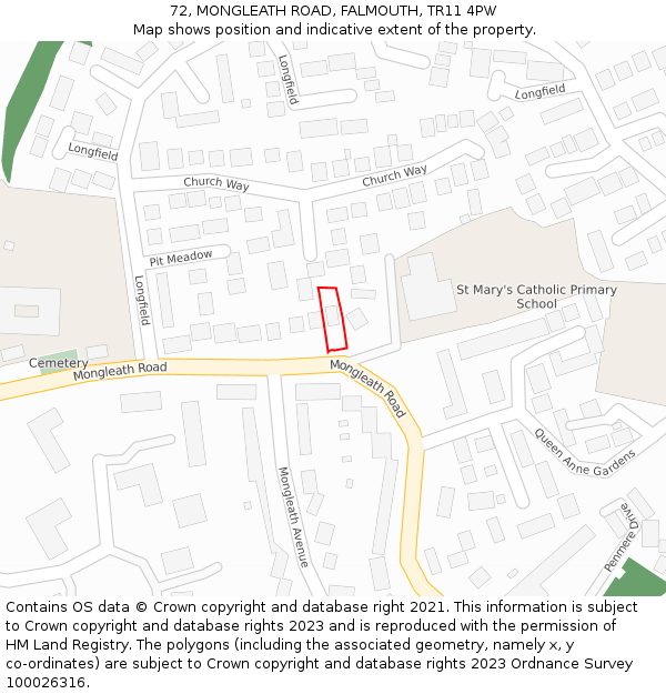 72, MONGLEATH ROAD, FALMOUTH, TR11 4PW: Location map and indicative extent of plot