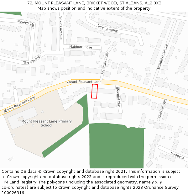 72, MOUNT PLEASANT LANE, BRICKET WOOD, ST ALBANS, AL2 3XB: Location map and indicative extent of plot