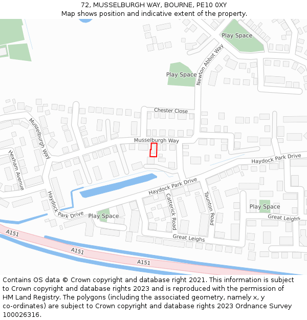 72, MUSSELBURGH WAY, BOURNE, PE10 0XY: Location map and indicative extent of plot