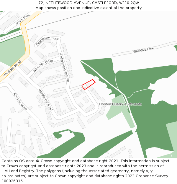 72, NETHERWOOD AVENUE, CASTLEFORD, WF10 2QW: Location map and indicative extent of plot