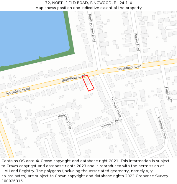 72, NORTHFIELD ROAD, RINGWOOD, BH24 1LX: Location map and indicative extent of plot