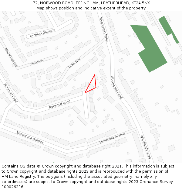 72, NORWOOD ROAD, EFFINGHAM, LEATHERHEAD, KT24 5NX: Location map and indicative extent of plot