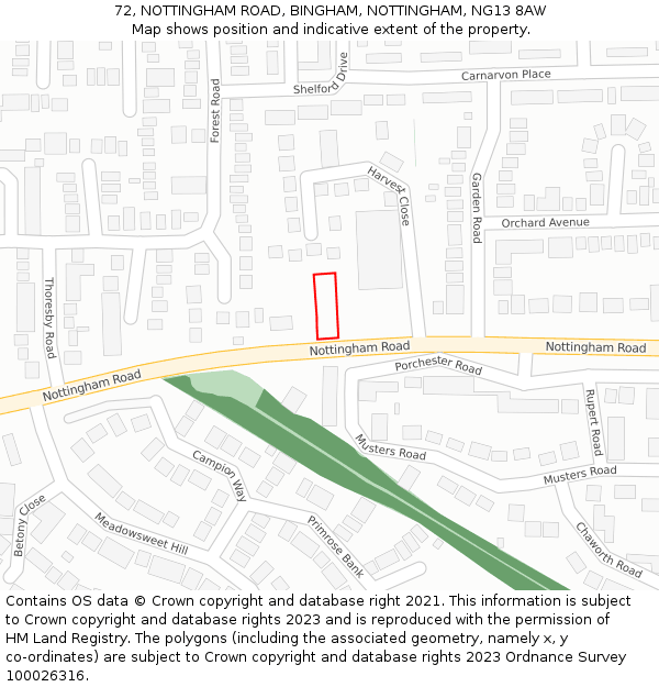 72, NOTTINGHAM ROAD, BINGHAM, NOTTINGHAM, NG13 8AW: Location map and indicative extent of plot