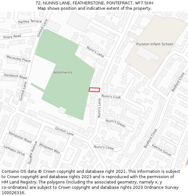 72, NUNNS LANE, FEATHERSTONE, PONTEFRACT, WF7 5HH: Location map and indicative extent of plot