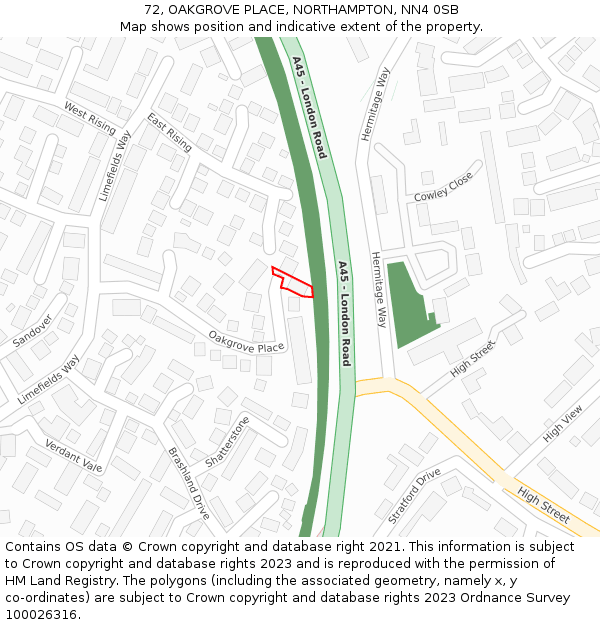 72, OAKGROVE PLACE, NORTHAMPTON, NN4 0SB: Location map and indicative extent of plot