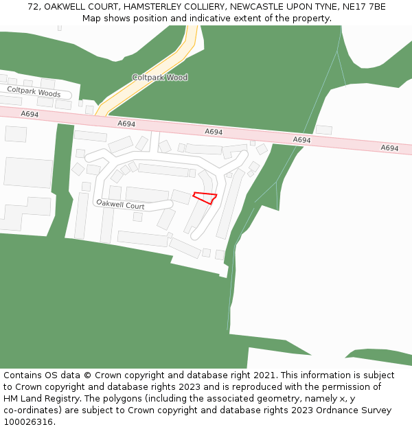 72, OAKWELL COURT, HAMSTERLEY COLLIERY, NEWCASTLE UPON TYNE, NE17 7BE: Location map and indicative extent of plot