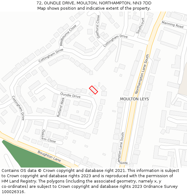 72, OUNDLE DRIVE, MOULTON, NORTHAMPTON, NN3 7DD: Location map and indicative extent of plot