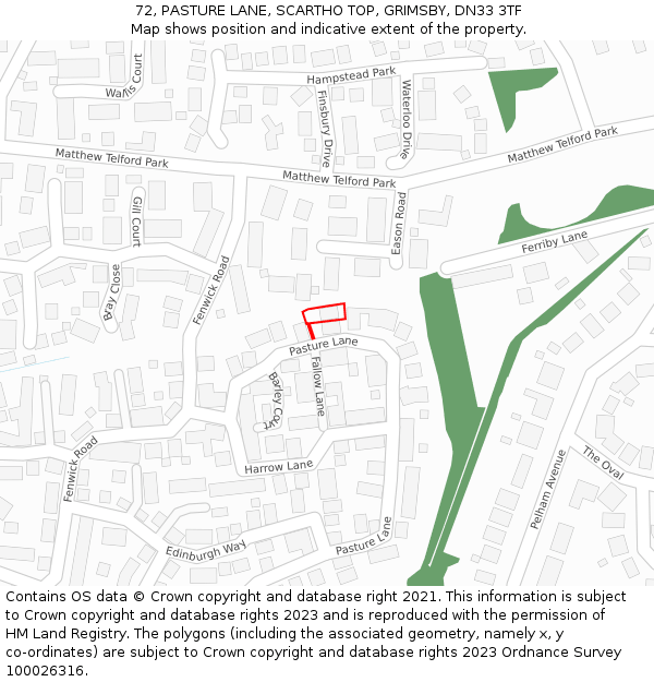 72, PASTURE LANE, SCARTHO TOP, GRIMSBY, DN33 3TF: Location map and indicative extent of plot